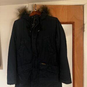 Abercrombie & Fitch Men's Parka. Navy Blue with white furry acrylic lining.